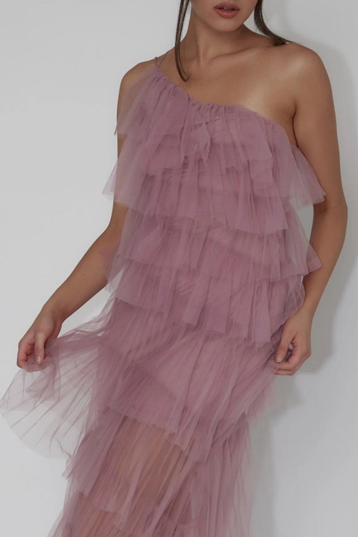 Arrabel Tiered Ruffle Tulle Maxi Dress Plum