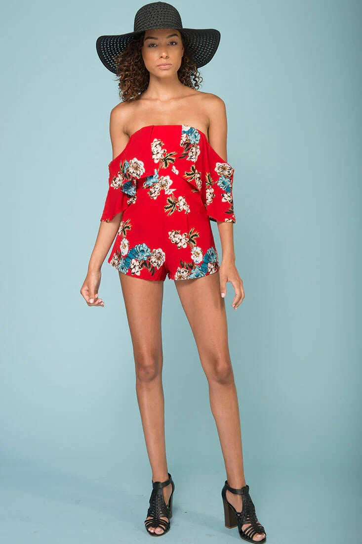 Dixie Floral Print Romper Red