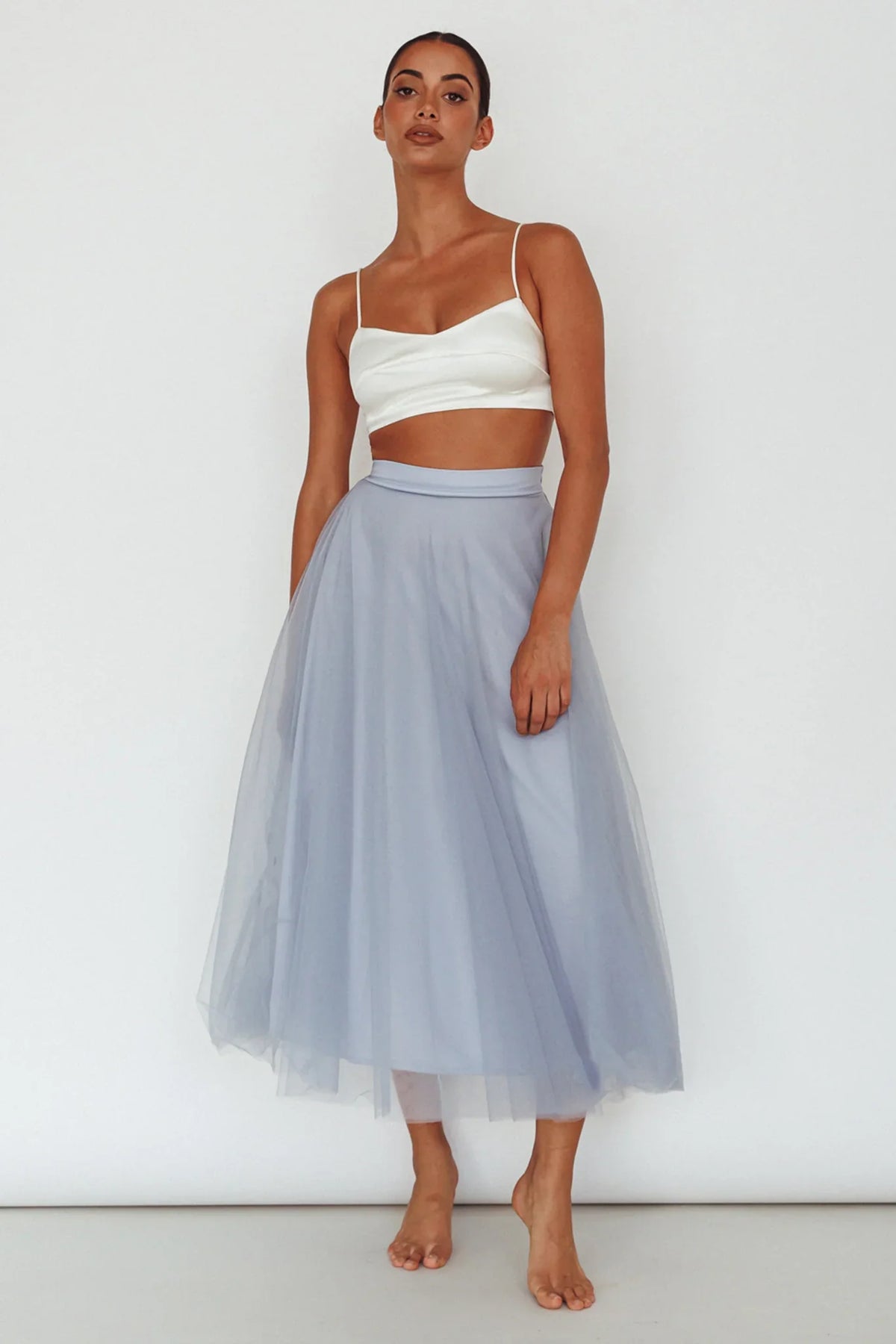 Jasmine Organza Mesh Elasticated Waist Midi Skirt Blue