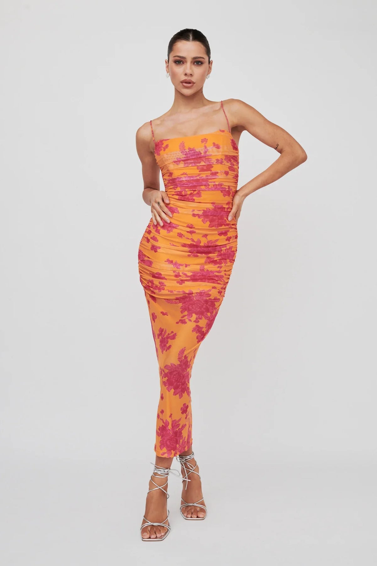 Logan Cami Strap Midi Dress Flower Orange