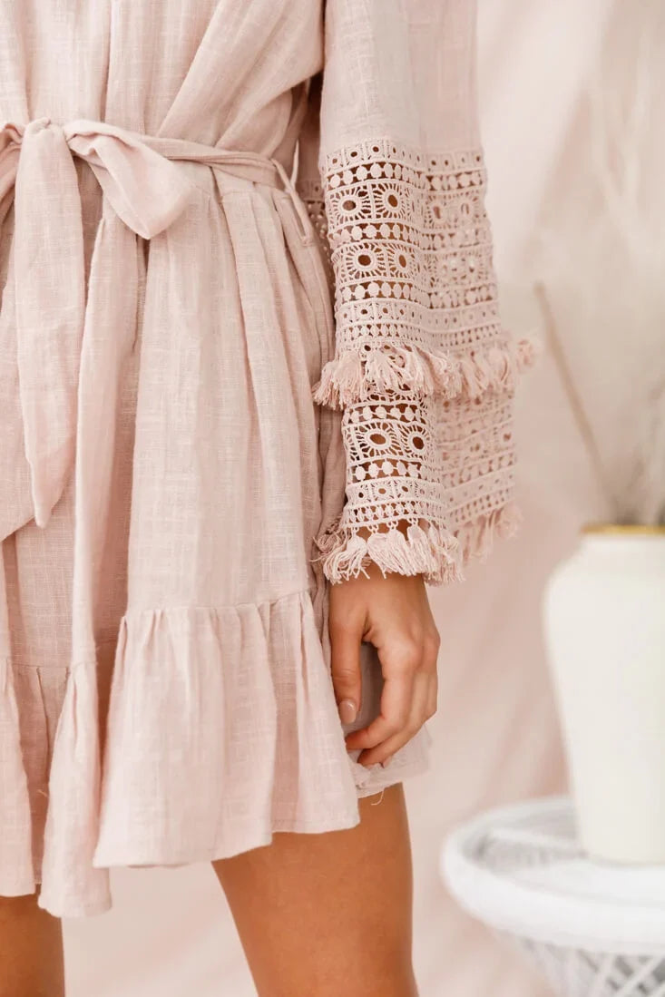 Mona Off-Shoulder Embellished Sleeve Dress Mocha