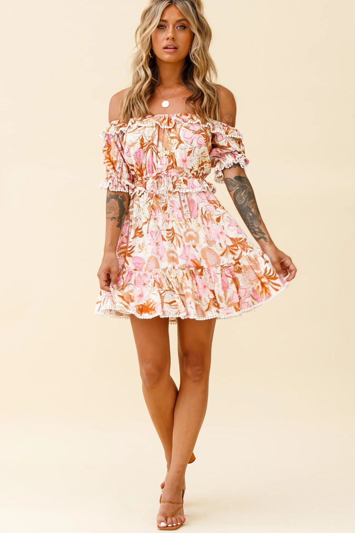 Sierra Bonita Off-Shoulder Drawstring Waist Dress Floral Print Pink Multi