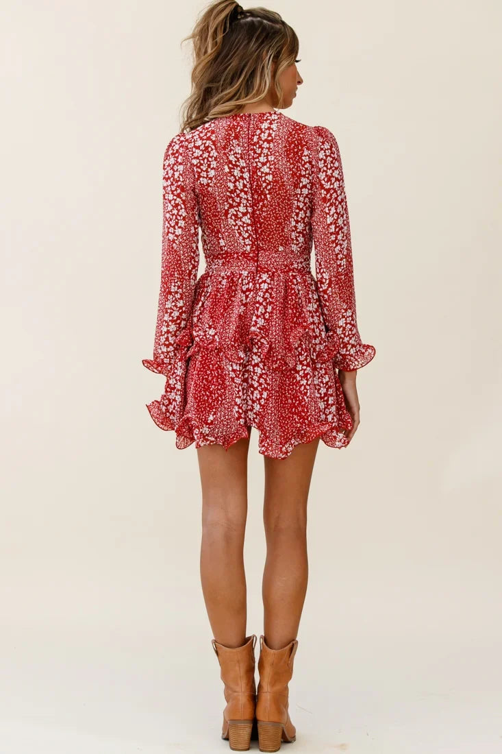 Greta Tiered Ruffle Chiffon Dress Floral Print Red