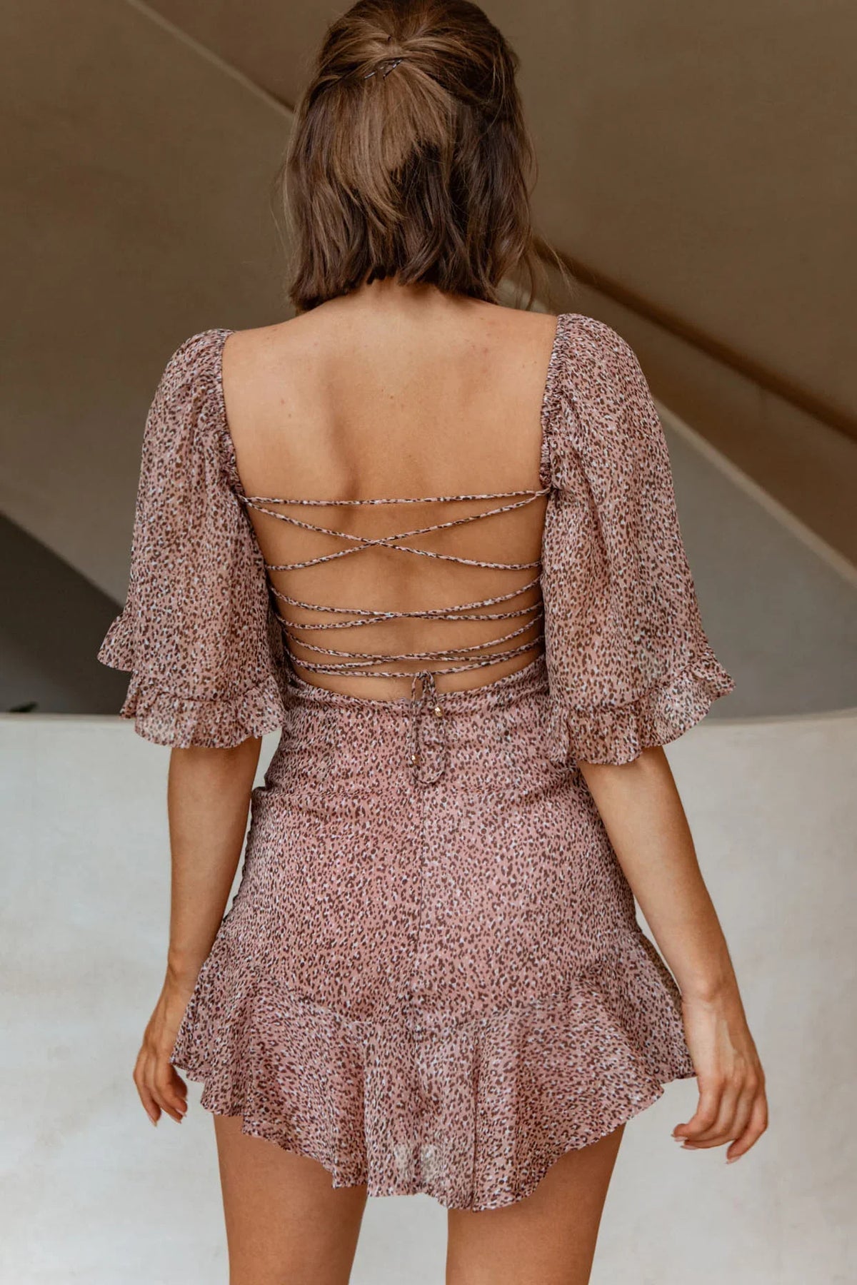 Napa Valley Flounce Hem Tie-Up Back Mini Dress Animal Print Pink