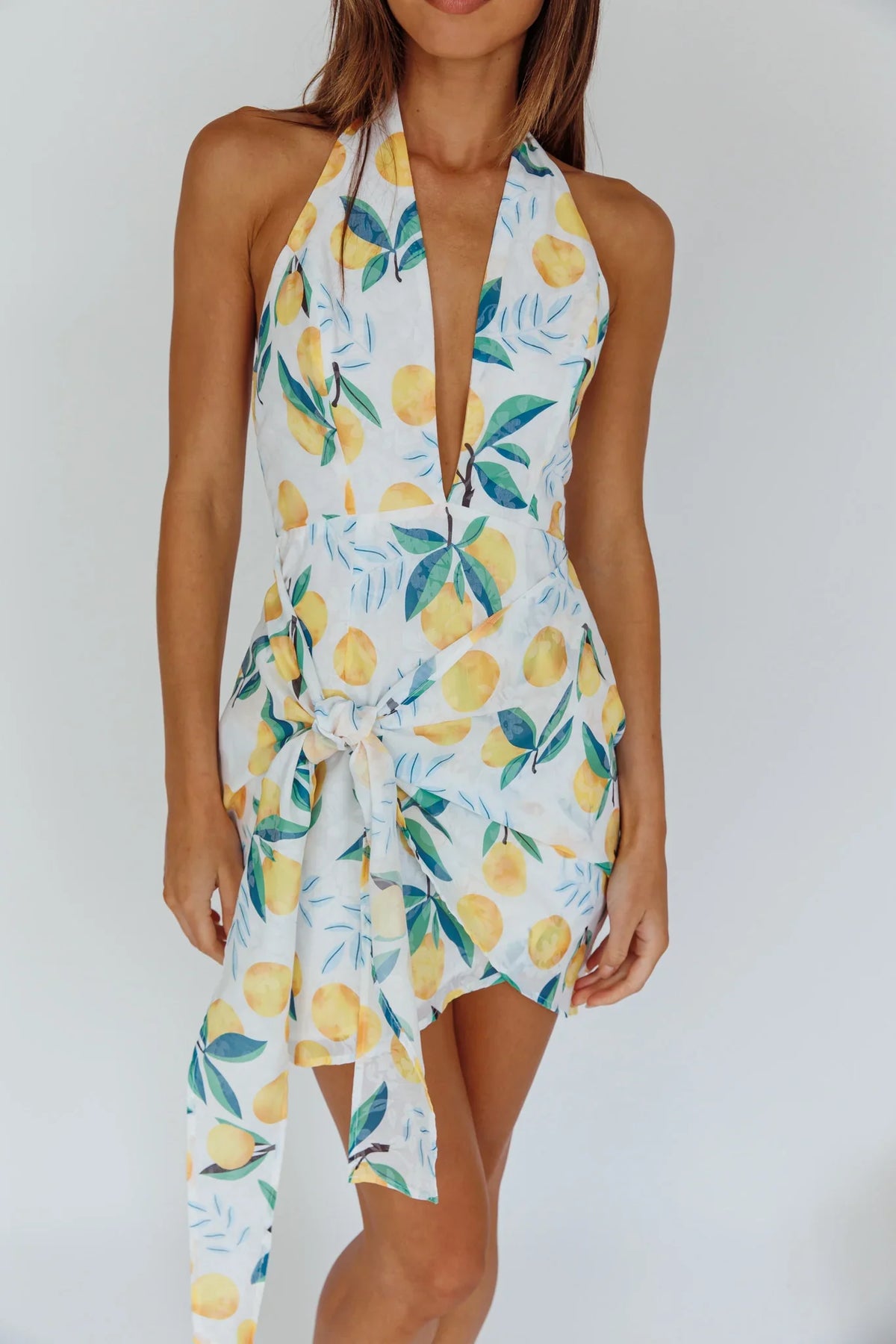 Euro Trip Halter Wrap Mini Dress Lemon