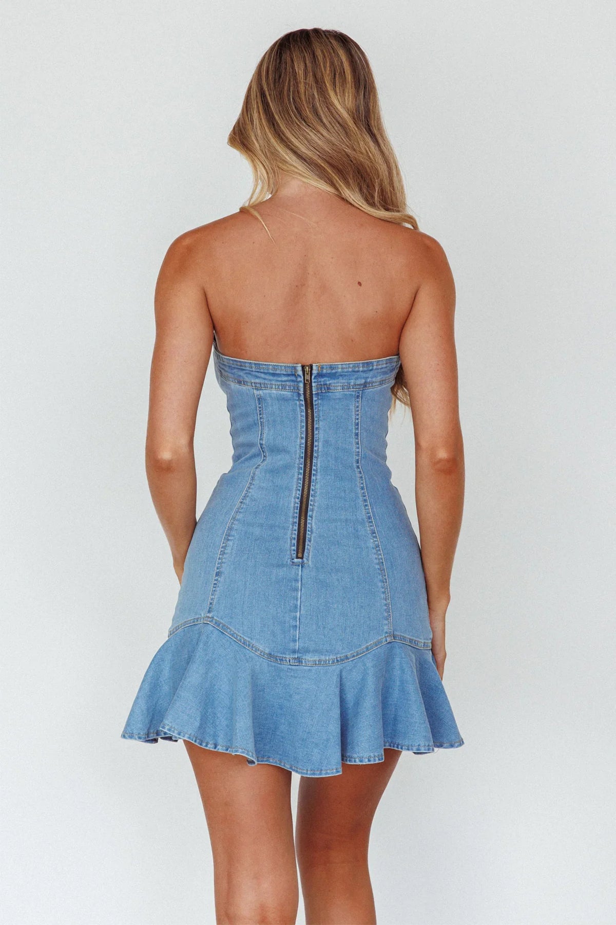 Cathlin Strapless Ruffle Hem Dress Blue