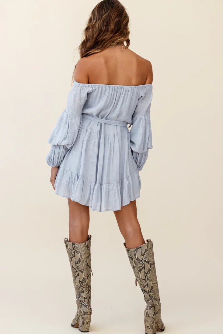 Frida Off-Shoulder Waist Tie Dress Grey