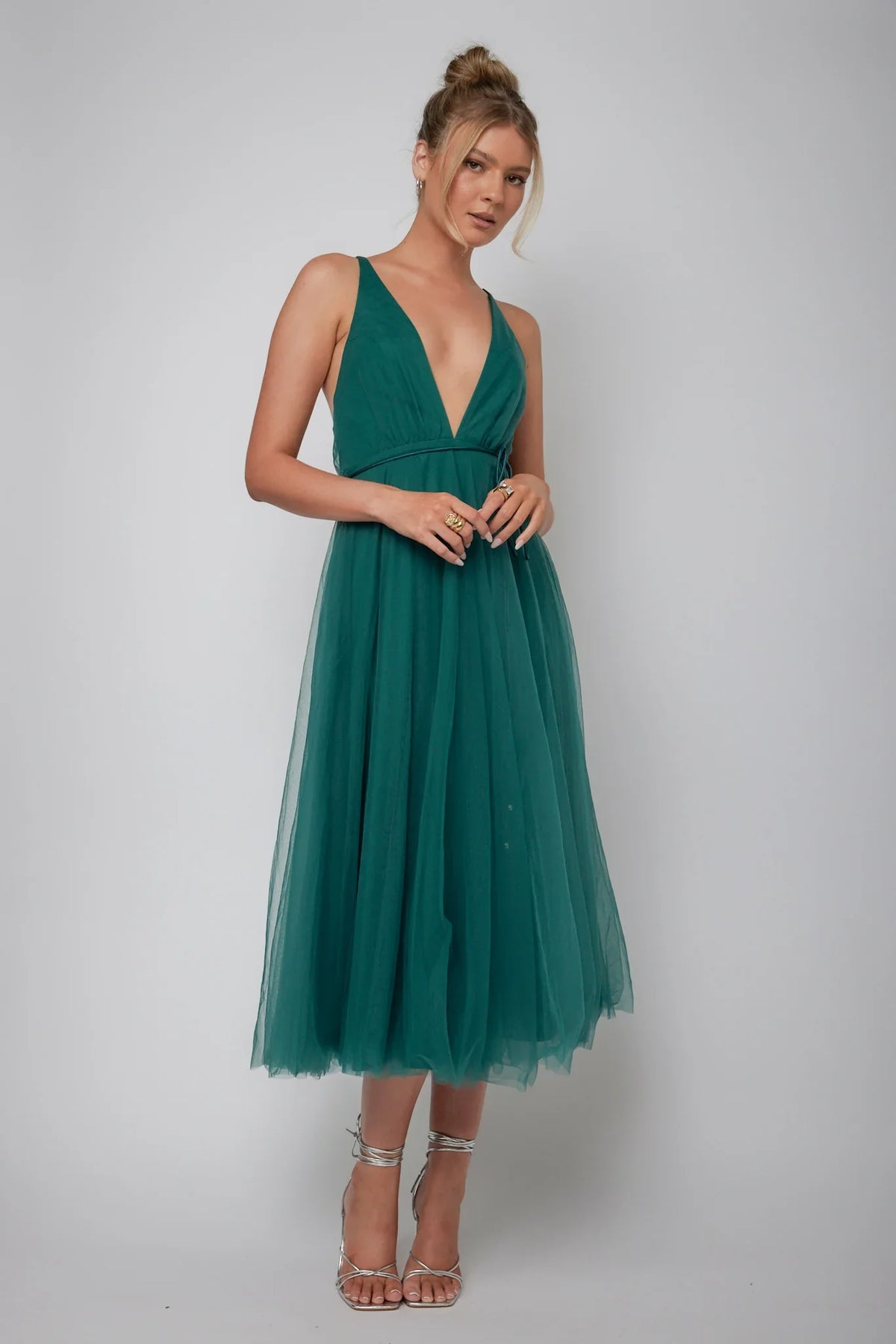 Floating By Plunging Neckline Mesh Overlay Midi Dress Forest Green