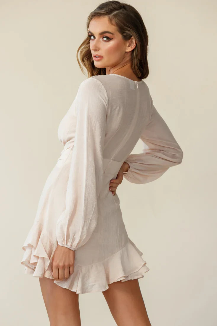 Maddox Long Sleeve Layered Ruffle Hem Dress Beige