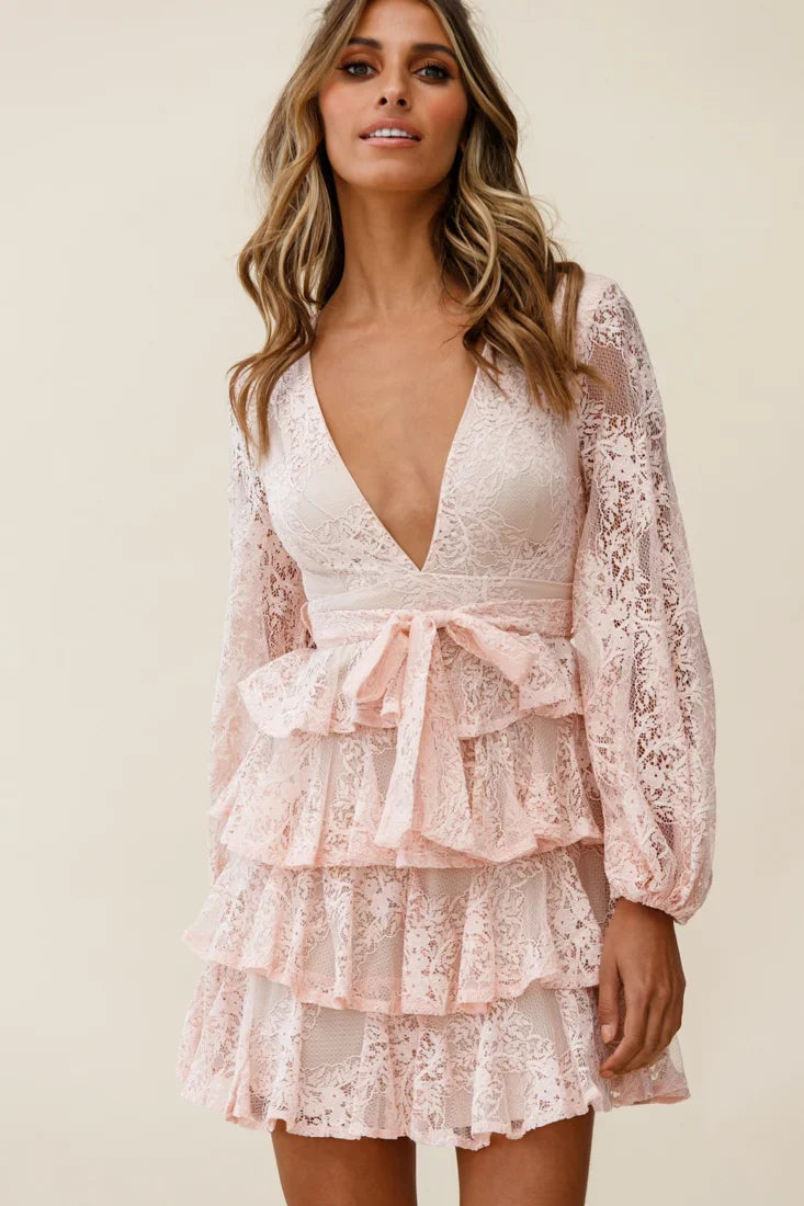 Queensland Balloon Sleeve Tiered Frill Lace Dress Pink