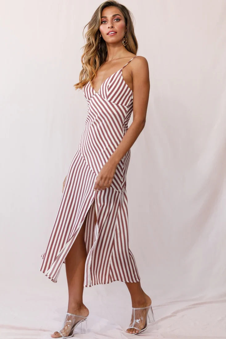 Downtown Cami Strap Front Split Midi Dress Stripe Print Rose