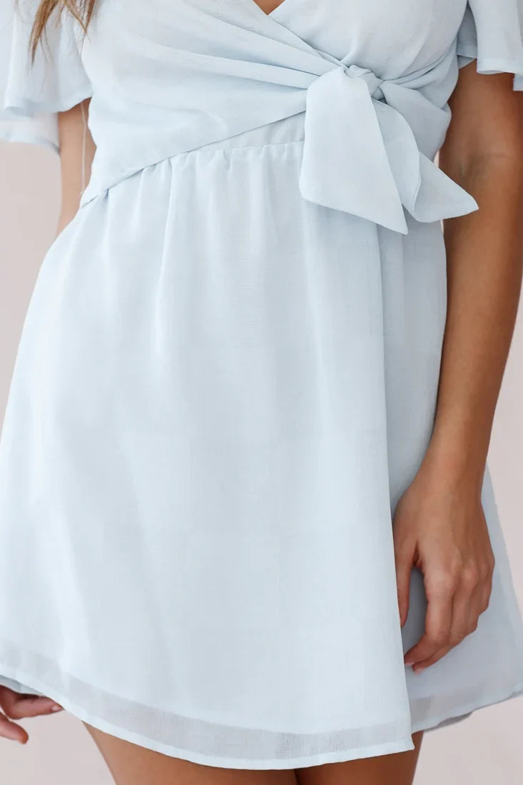 Stealing Hearts Flutter Sleeve Wrap Front Dress Blue