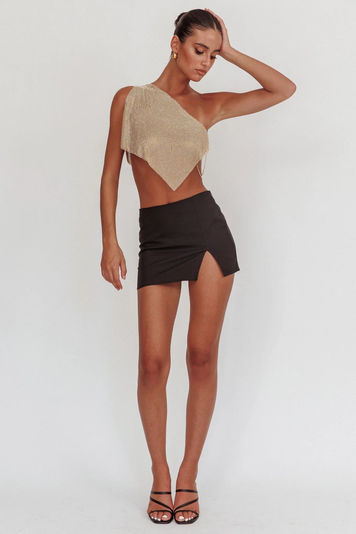 Sun Dial One Shoulder Diamante Top Gold