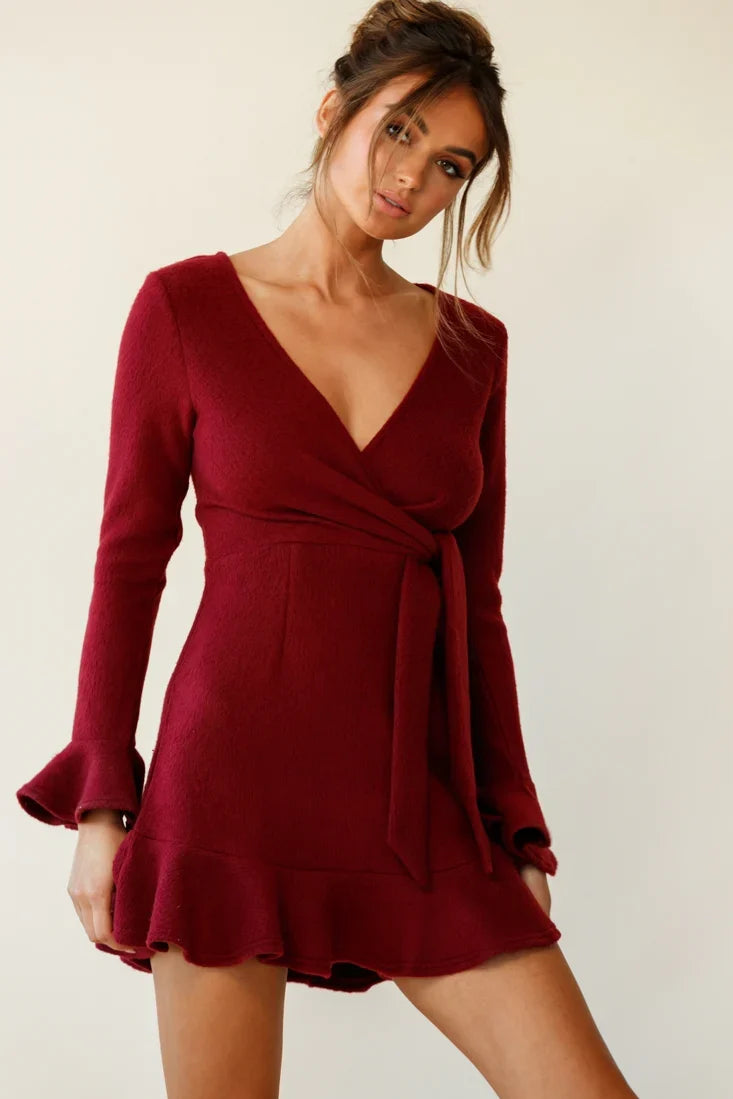 Shalini Flared Cuff Surplice Neckline Knit Dress Wine