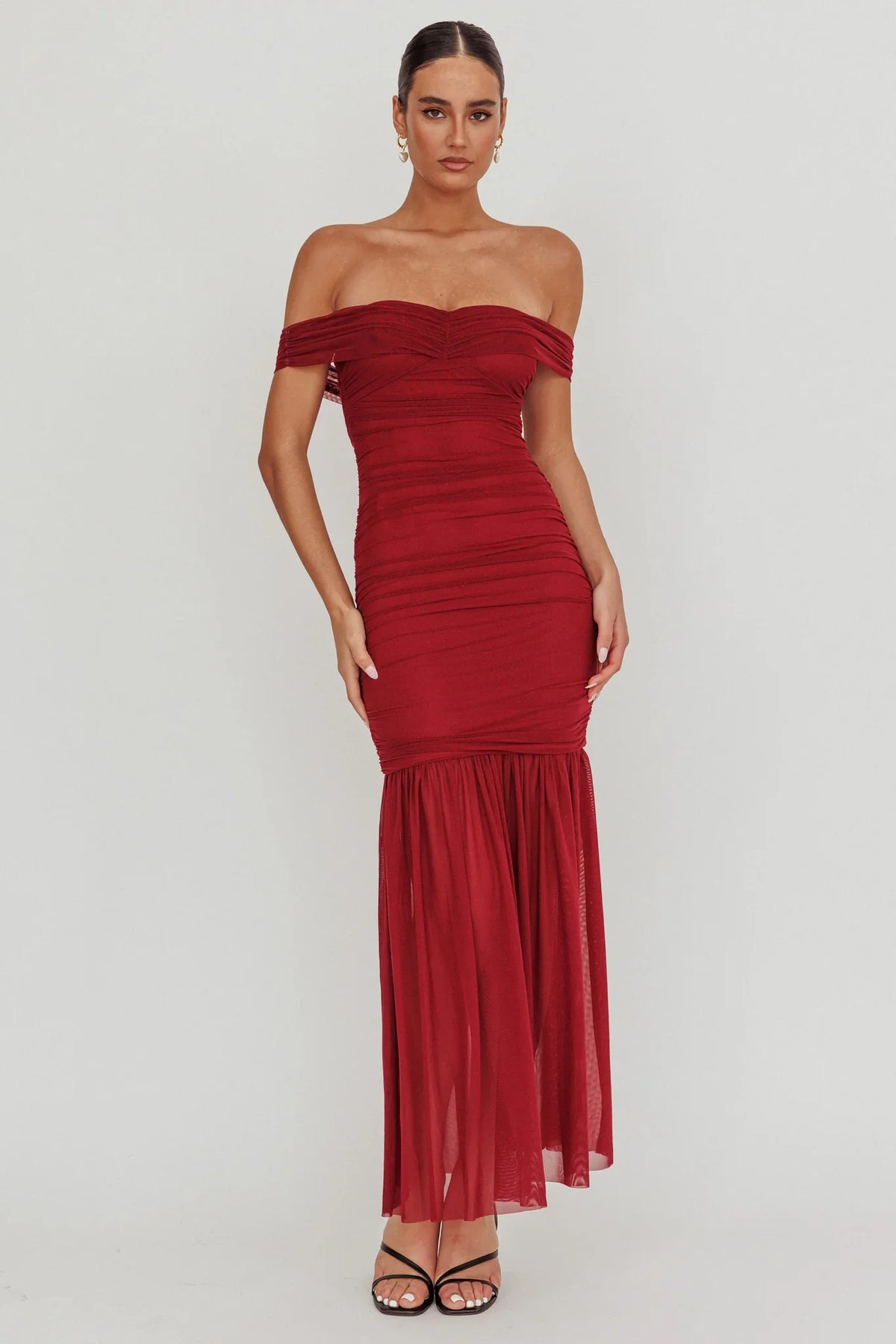 La Salle Off Shoulder Mesh Maxi Dress Wine