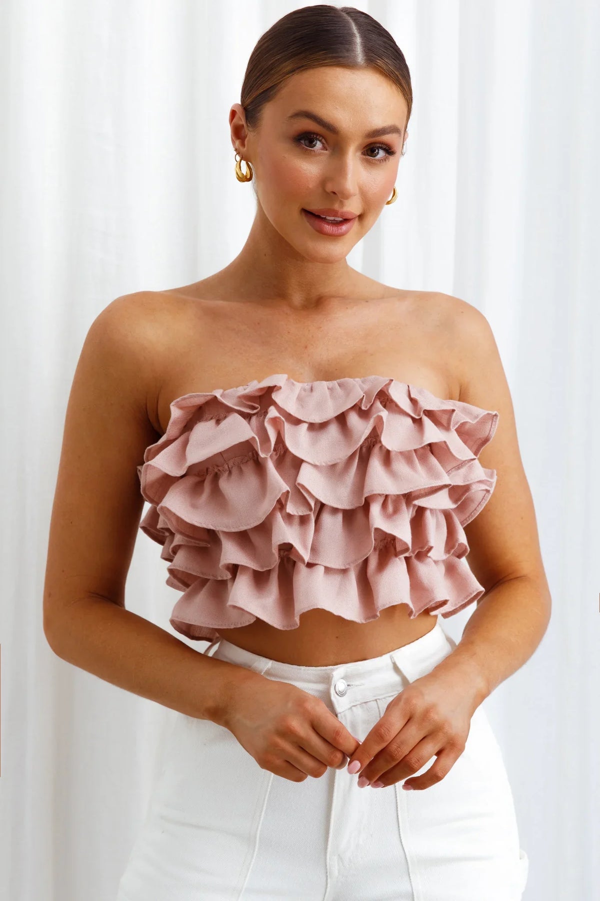 Talulah Layered Ruffle Lace-Up Back Crop Top Blush