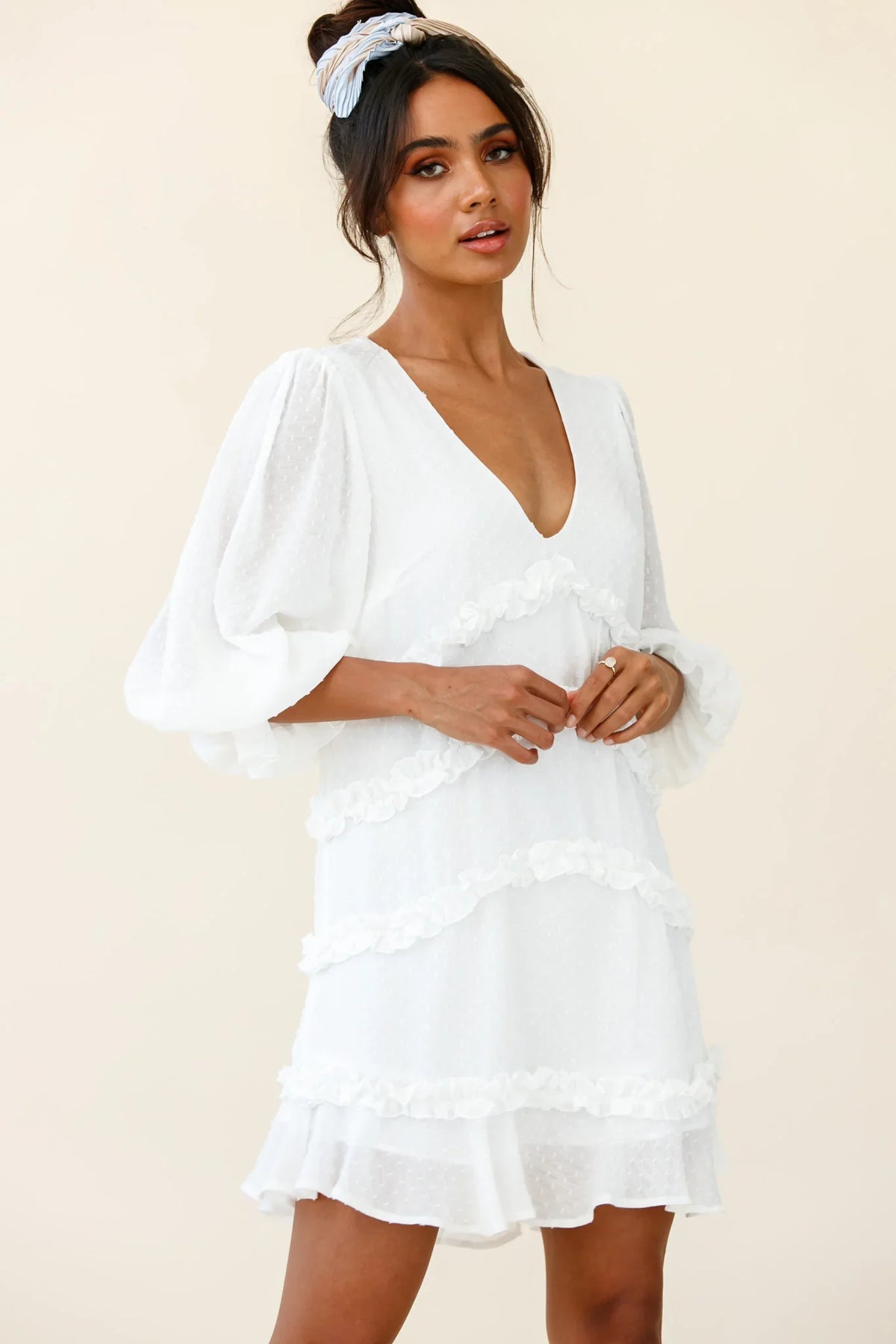 Tabitha Balloon Sleeve Loose Fit Frill Detail Dress White