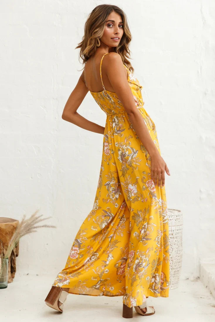 Melita Ruffle V-Neckline Jumpsuit Mustard Print