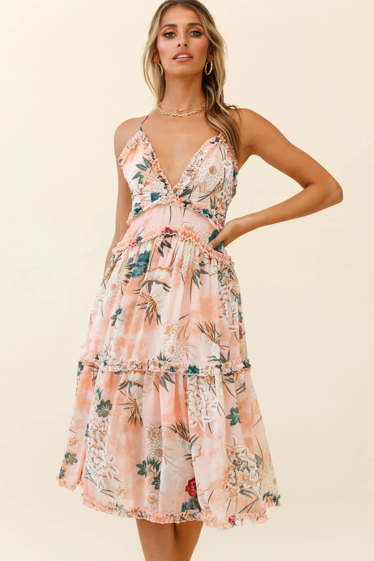Laney Low Back Cami Strap Midi Dress Botanical Print Orange