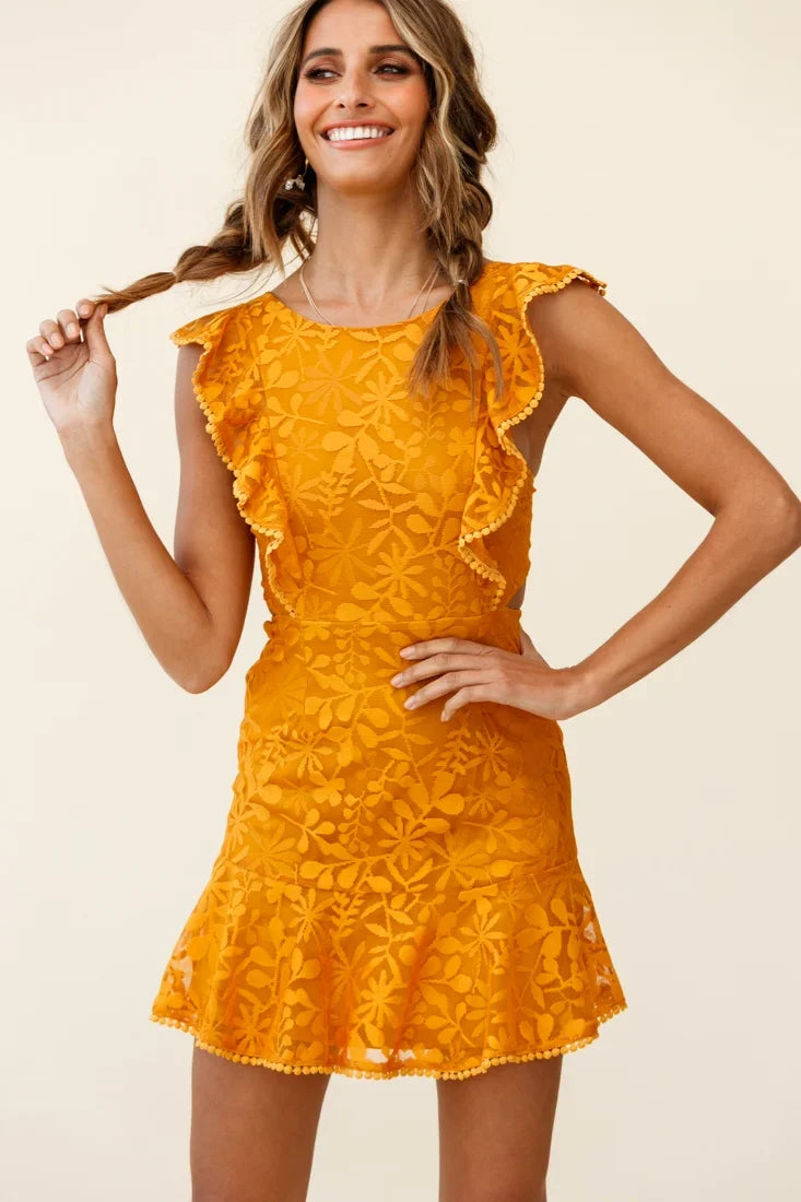 Jackie Pinafore Floral Mesh Dress Mustard
