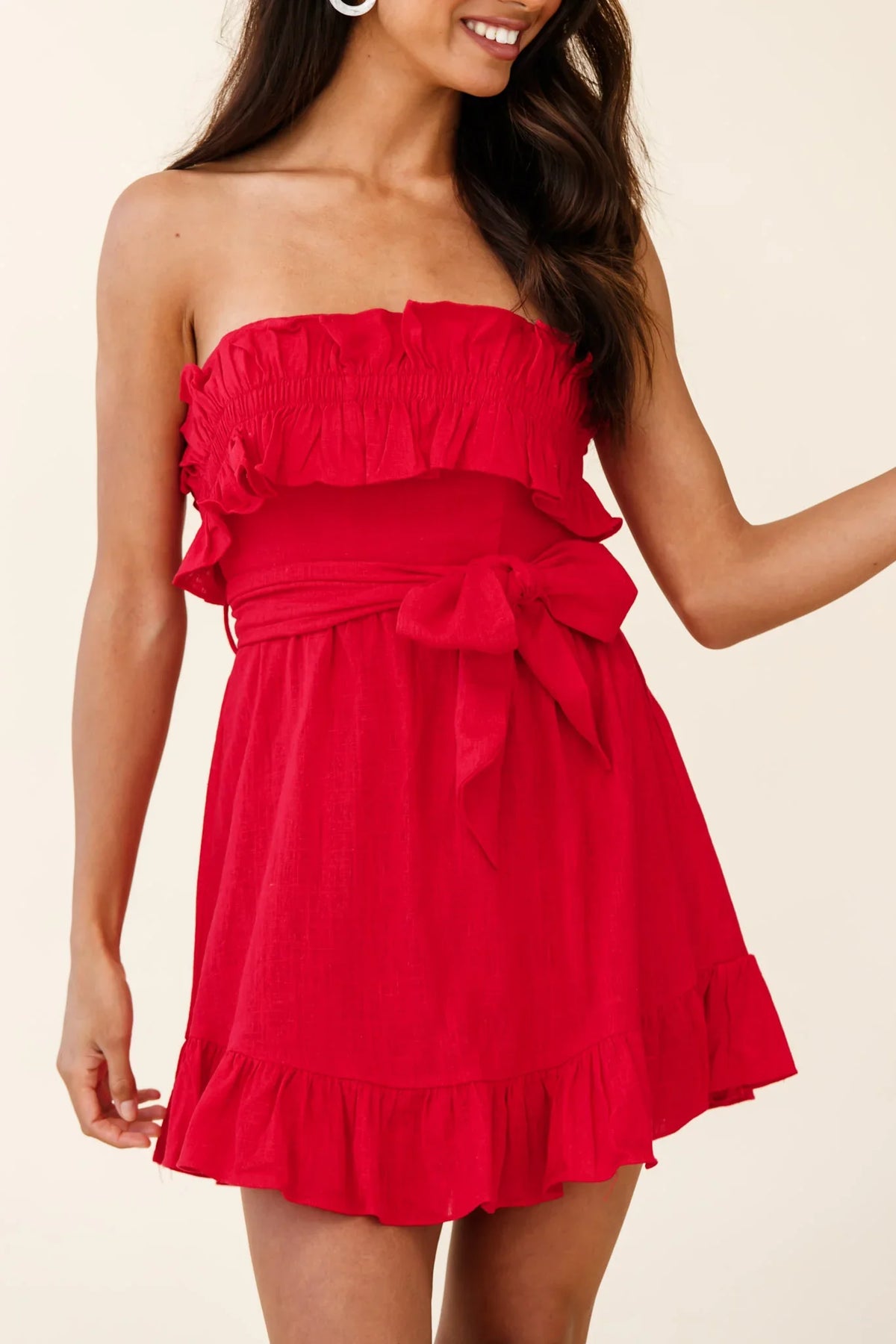 Dream All Day Shirred Ruffle Feature Strapless Dress Red