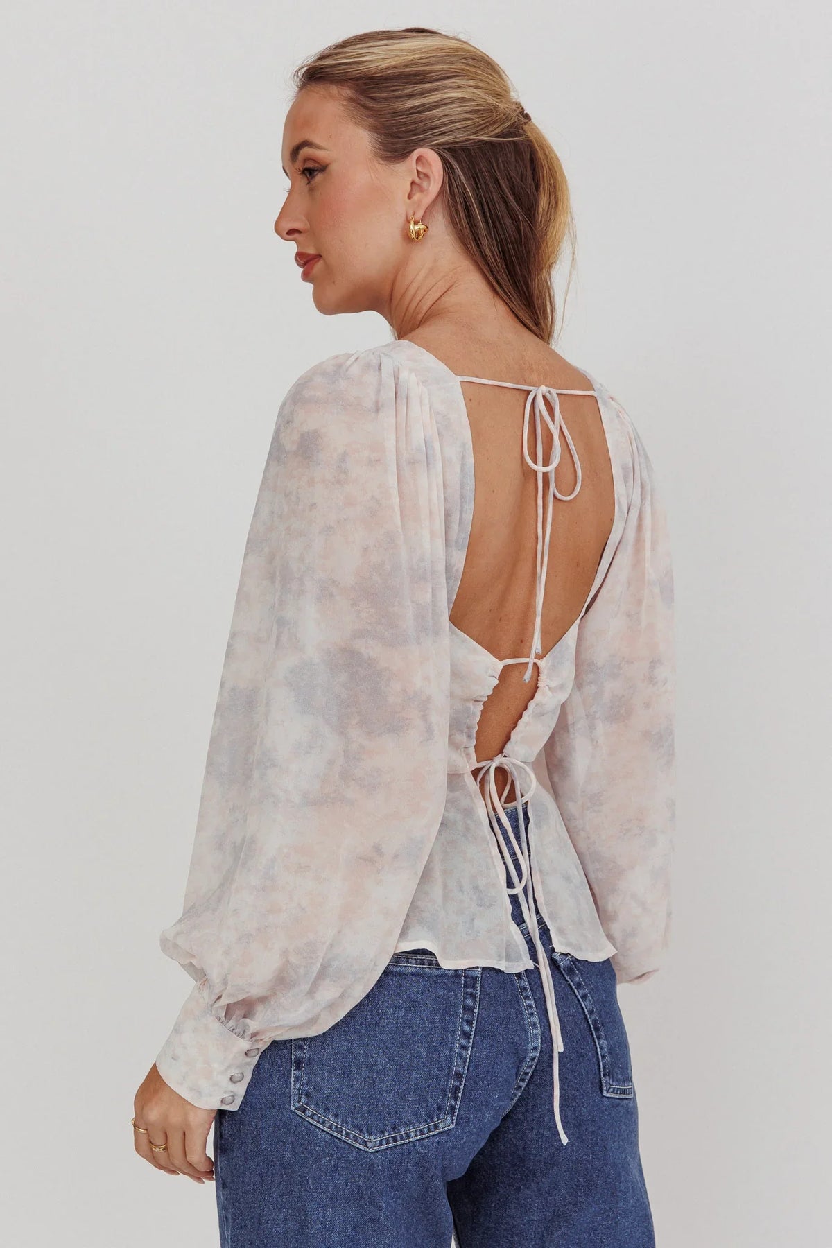 Helix Balloon Sleeves Peplum Top Dusty Blue/Peach