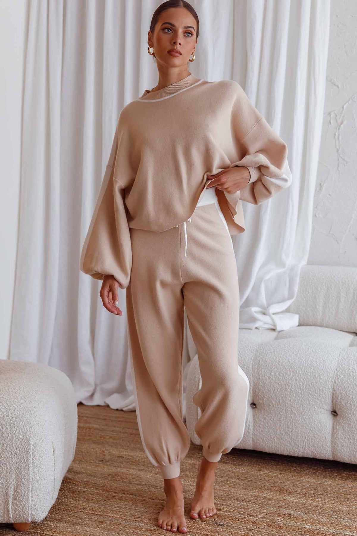 Take Me Back Brushed Knit Jogger Pants Beige