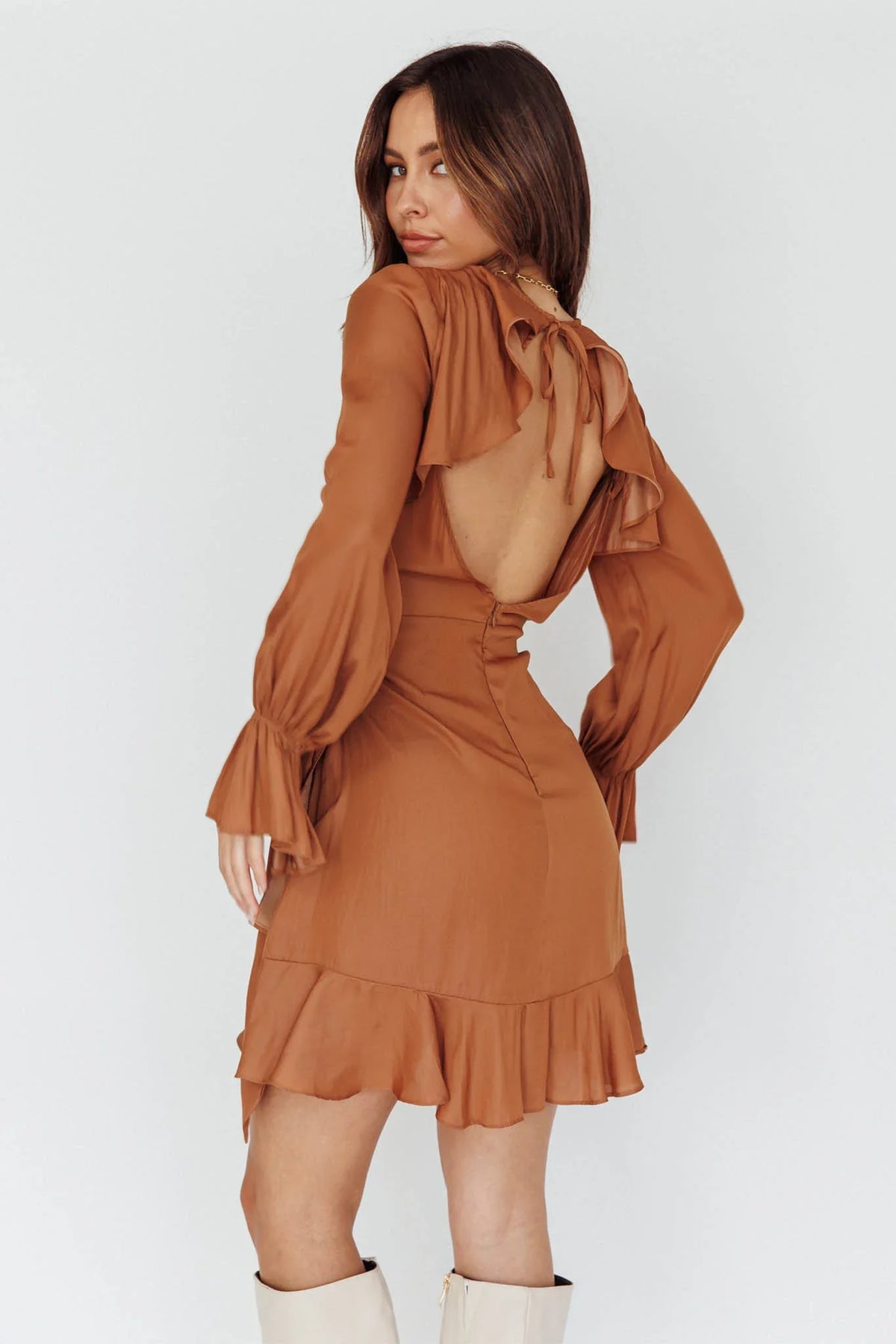 Darla Long Sleeve Satin Dress Tan
