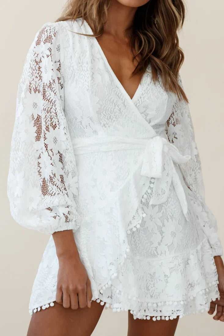 Cami Balloon Sleeve Faux Wrap Dress Lace White
