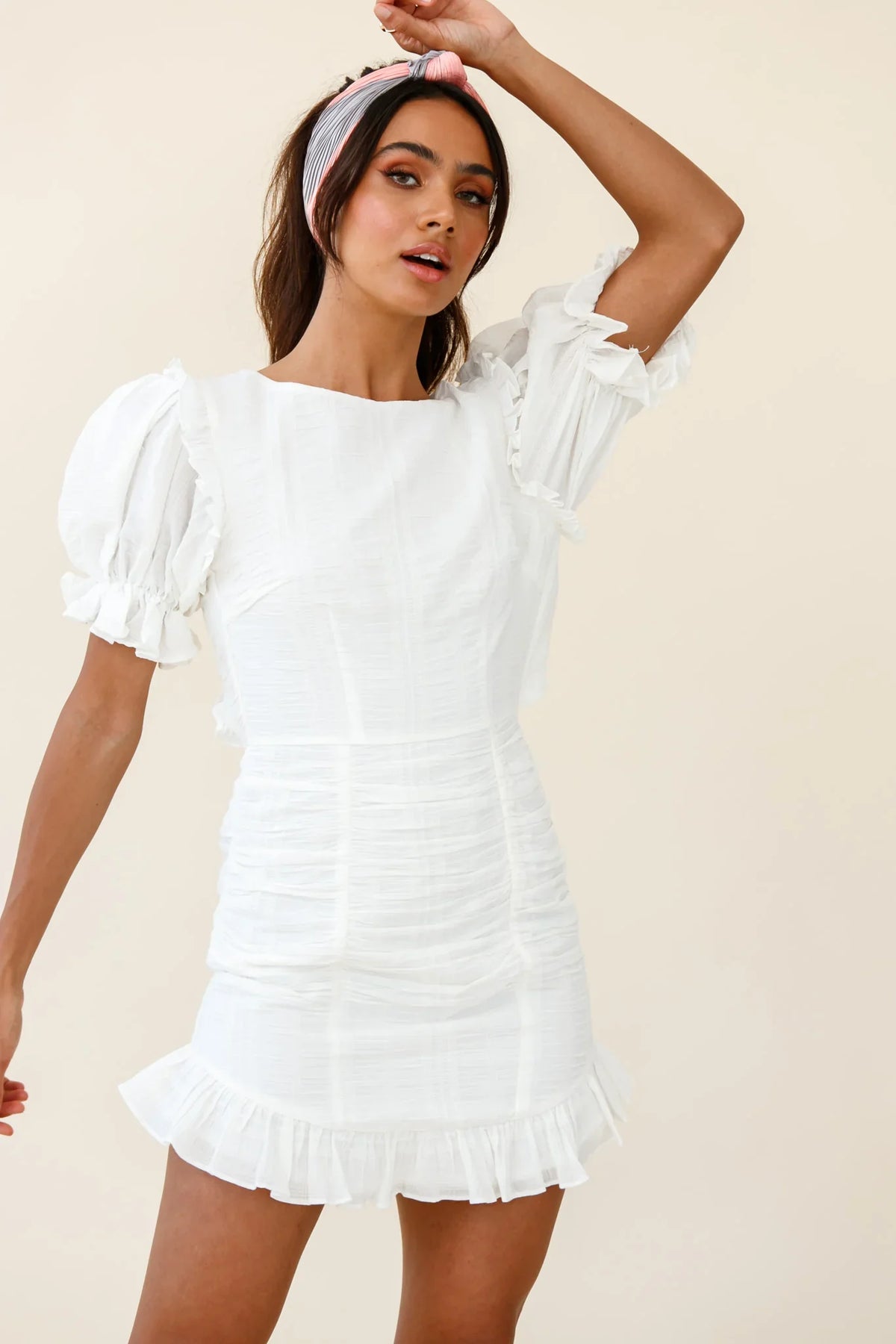 Icing On The Cake Open Back Ruched Dress White