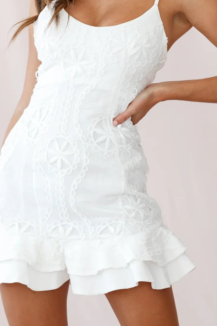 Virtue Cami Strap Embroidered Flounce Hem Dress White