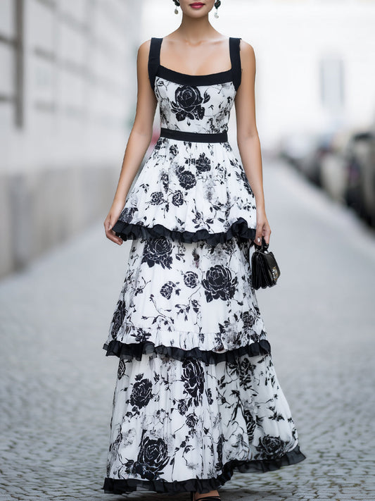 Black & White Floral Tiered Ruffle Maxi Dress