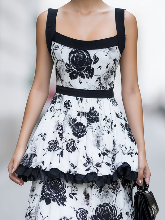Black & White Floral Tiered Ruffle Maxi Dress