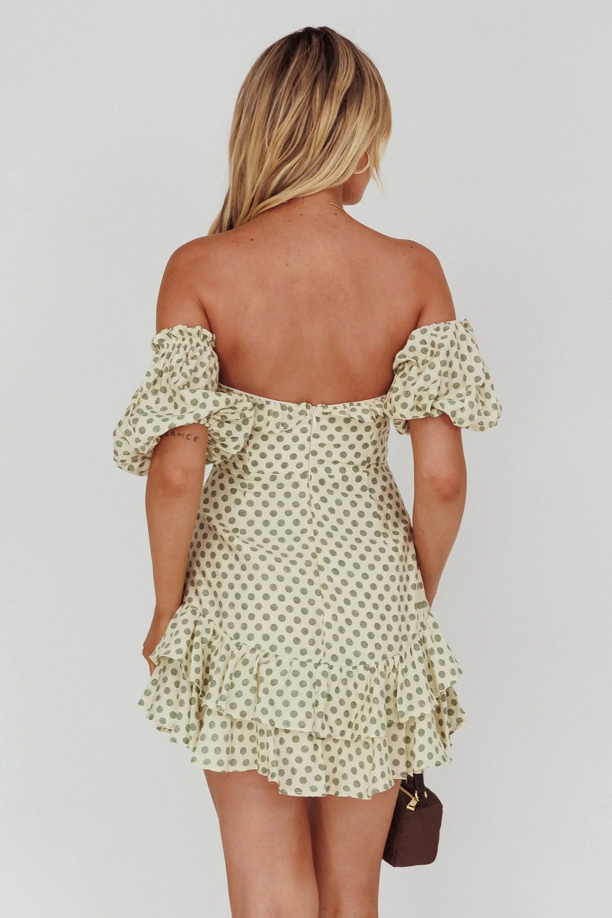 Homecoming Queen Sweetheart Neckline Puff Sleeve Dress Polka Dot Green