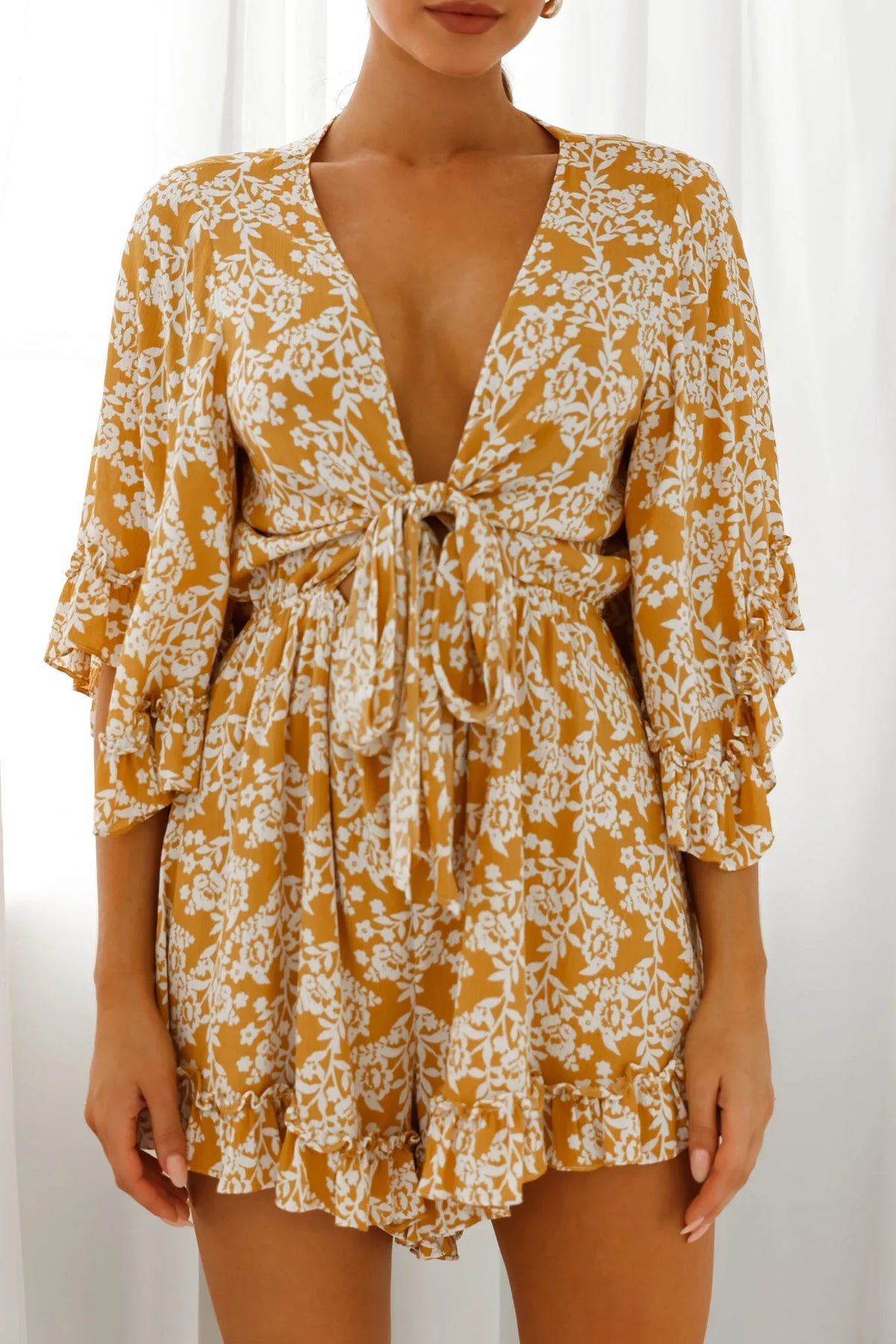 Athira Tied Bust Flared Sleeve Floral Stencil Print Romper Yellow