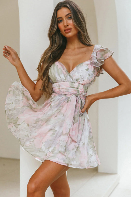 Lola Ruffle Shoulder Ruched Dress Watercolor Floral Pink Multi