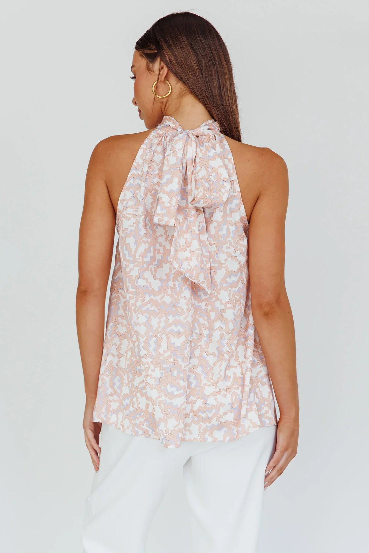 Calisto Sleeveless Tied Neck Top Geometric Apricot