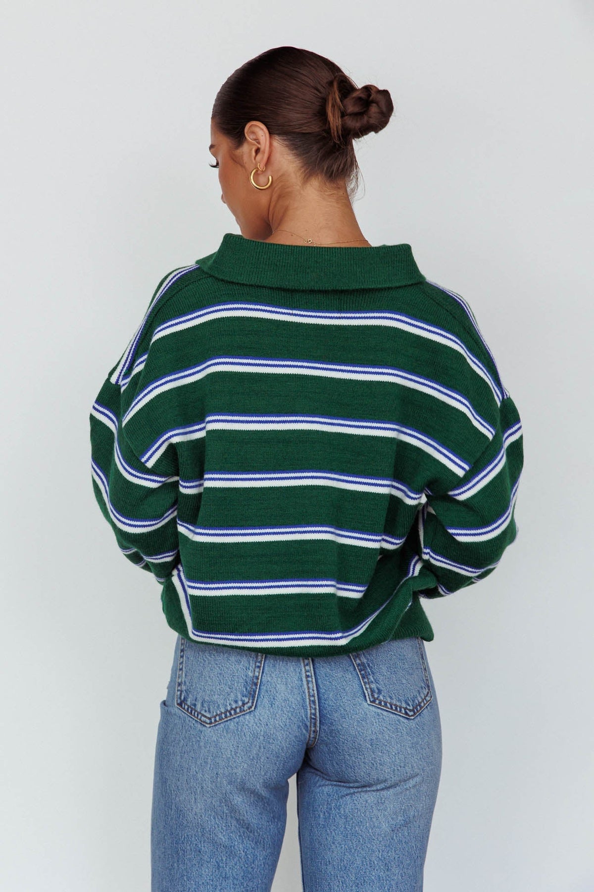 Boston Collared Knit Sweater Striped Forest Green