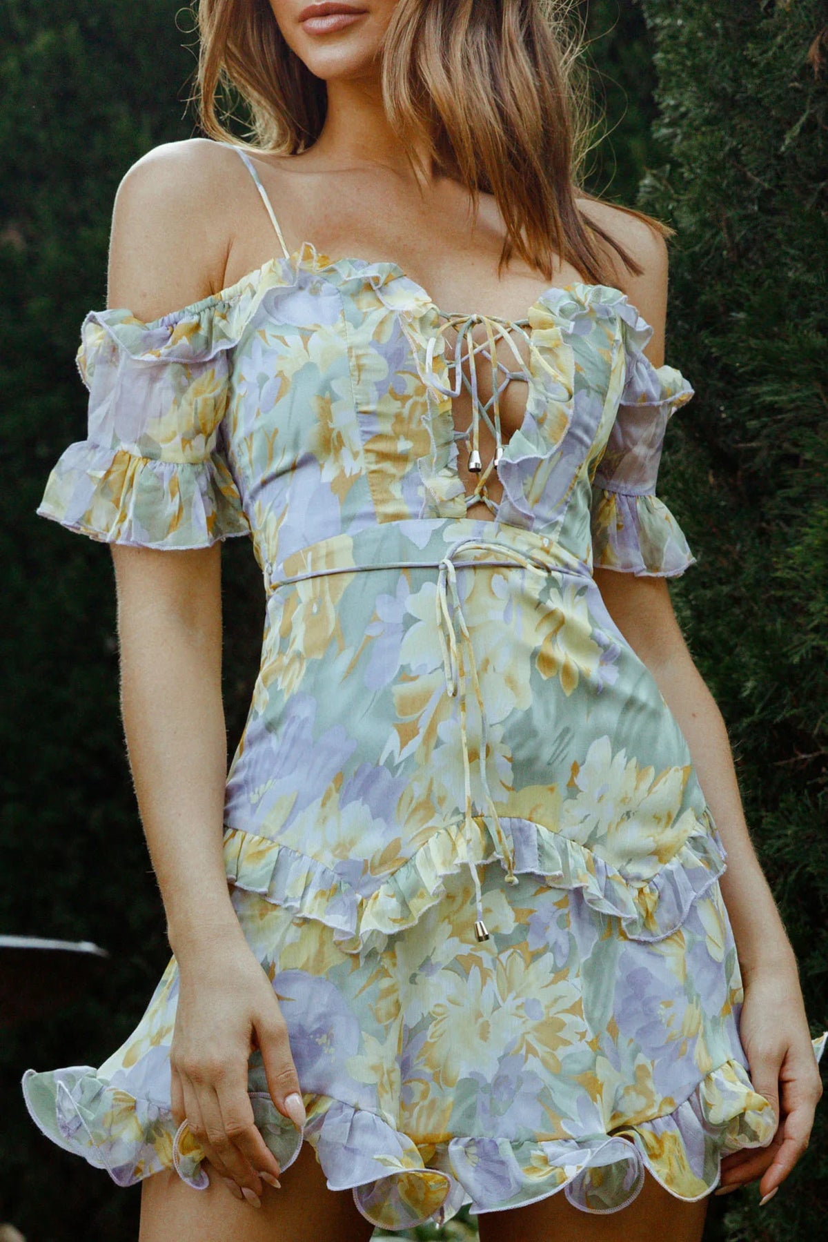 Maranda Bardot Lace-Up Bust Dress Floral Print Yellow