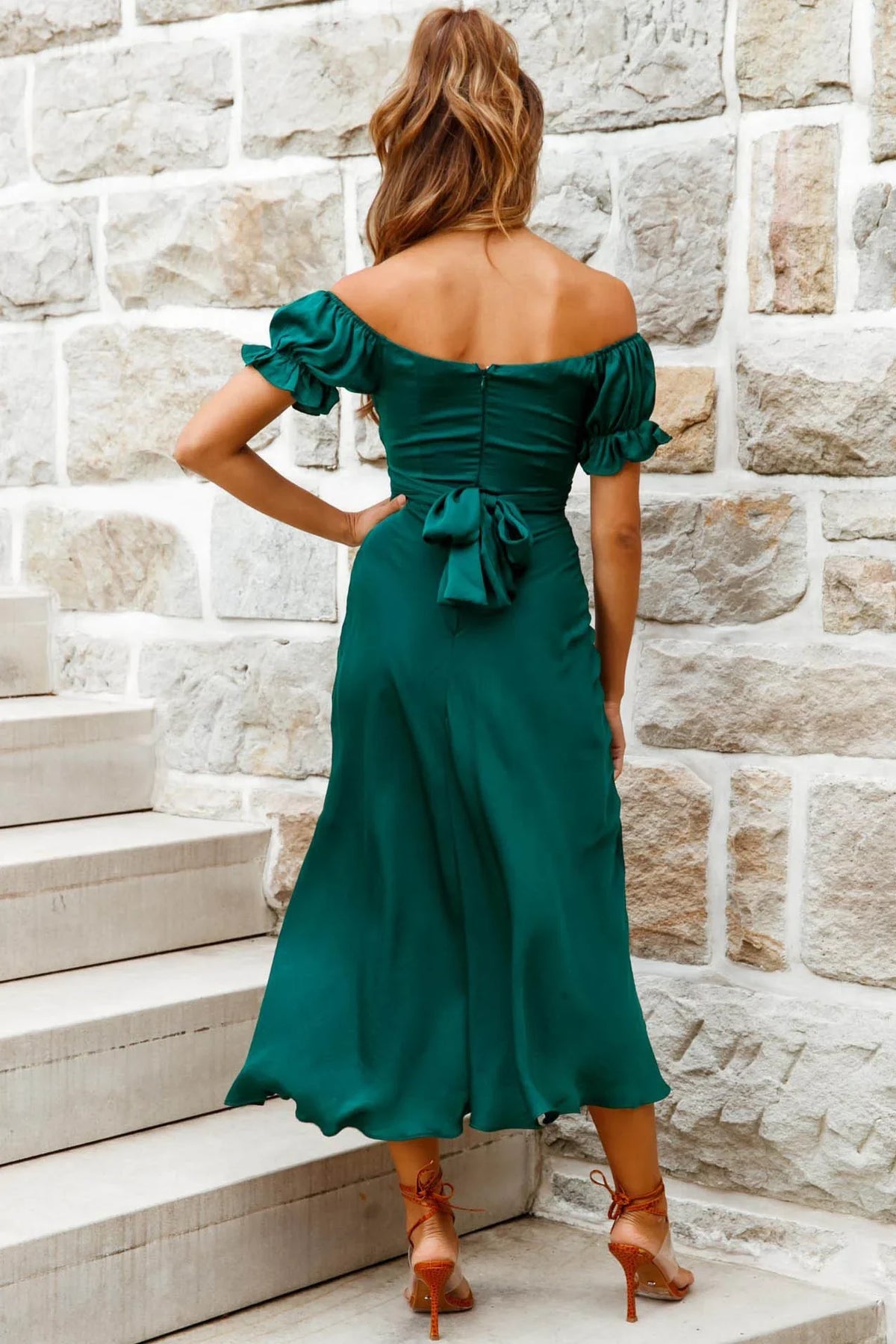 Linka Off-Shoulder Tie Back Midi Dress Forest Green