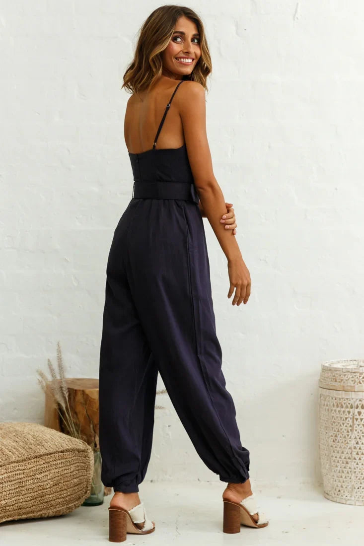 Santa Barbara Cuffed Hem Belted Jumpsuit Navy