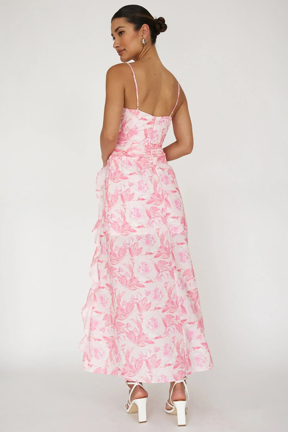 Serif Ruffle Trim Split Maxi Dress Pink