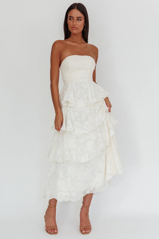 Giavana Strapless Layered Midi Dress Floral Embossed Cream