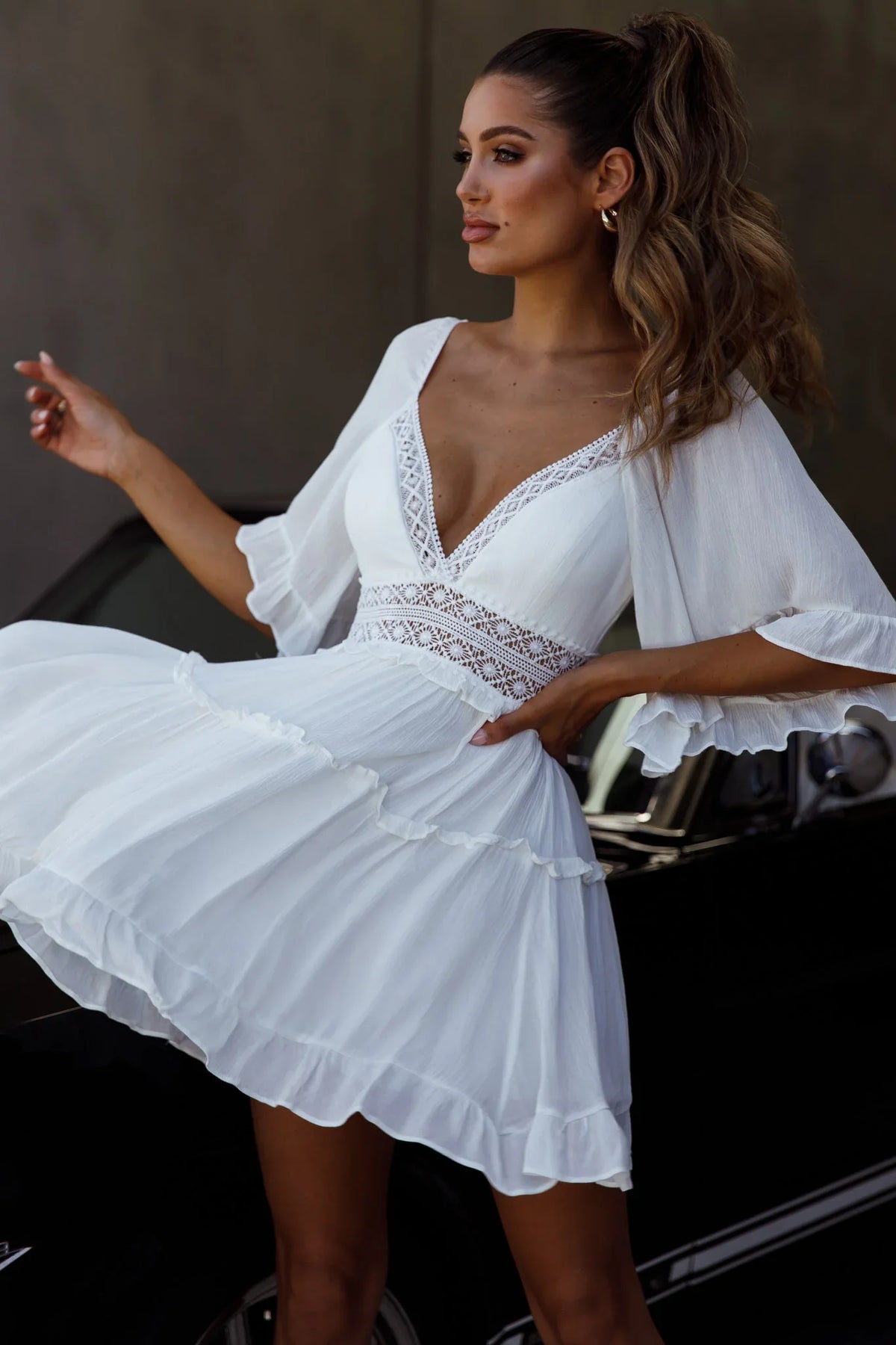 Desert Rose Bell Sleeve Mini Dress White