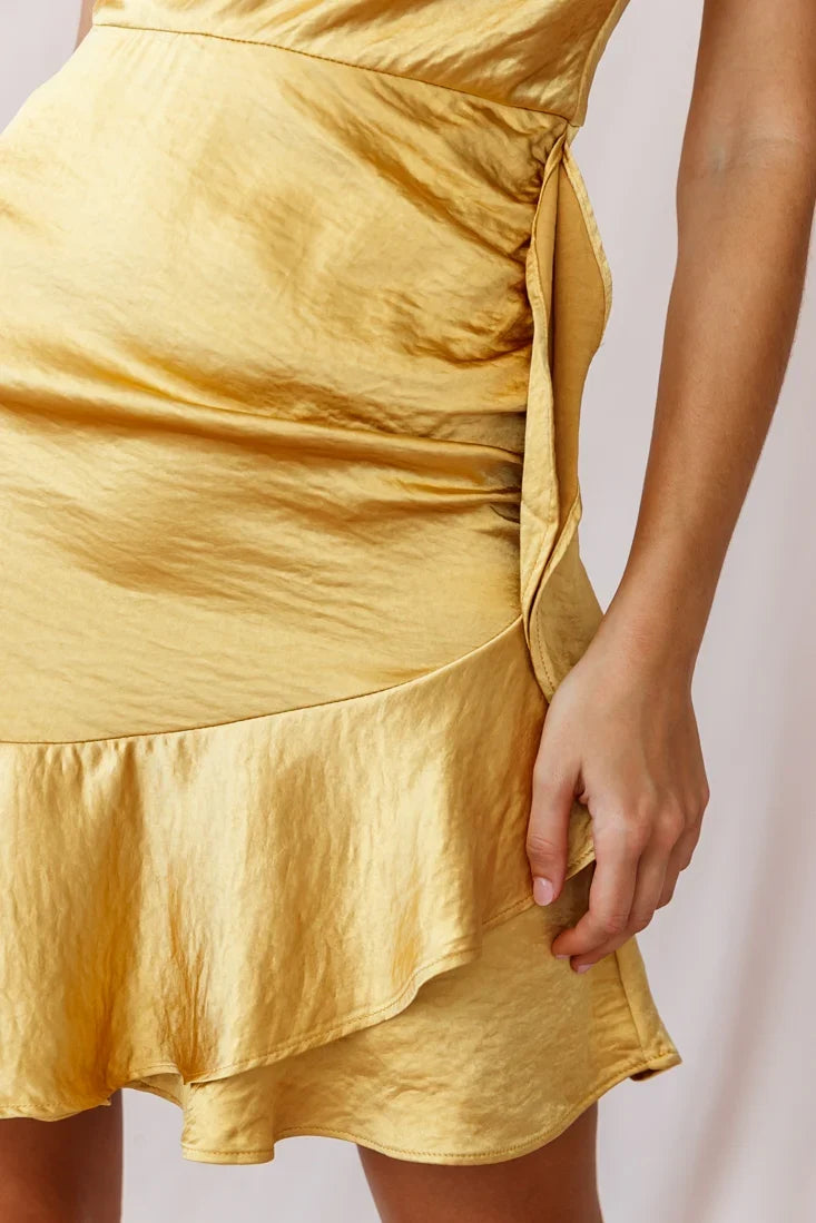 Positano Satin Cowl Neck Ruffle Hem Dress Mustard