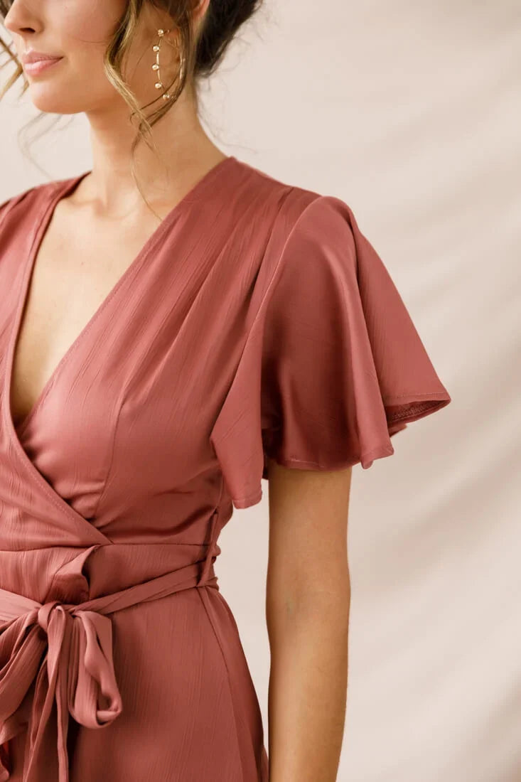 Cami Angel Sleeve Faux Wrap Dress Rose