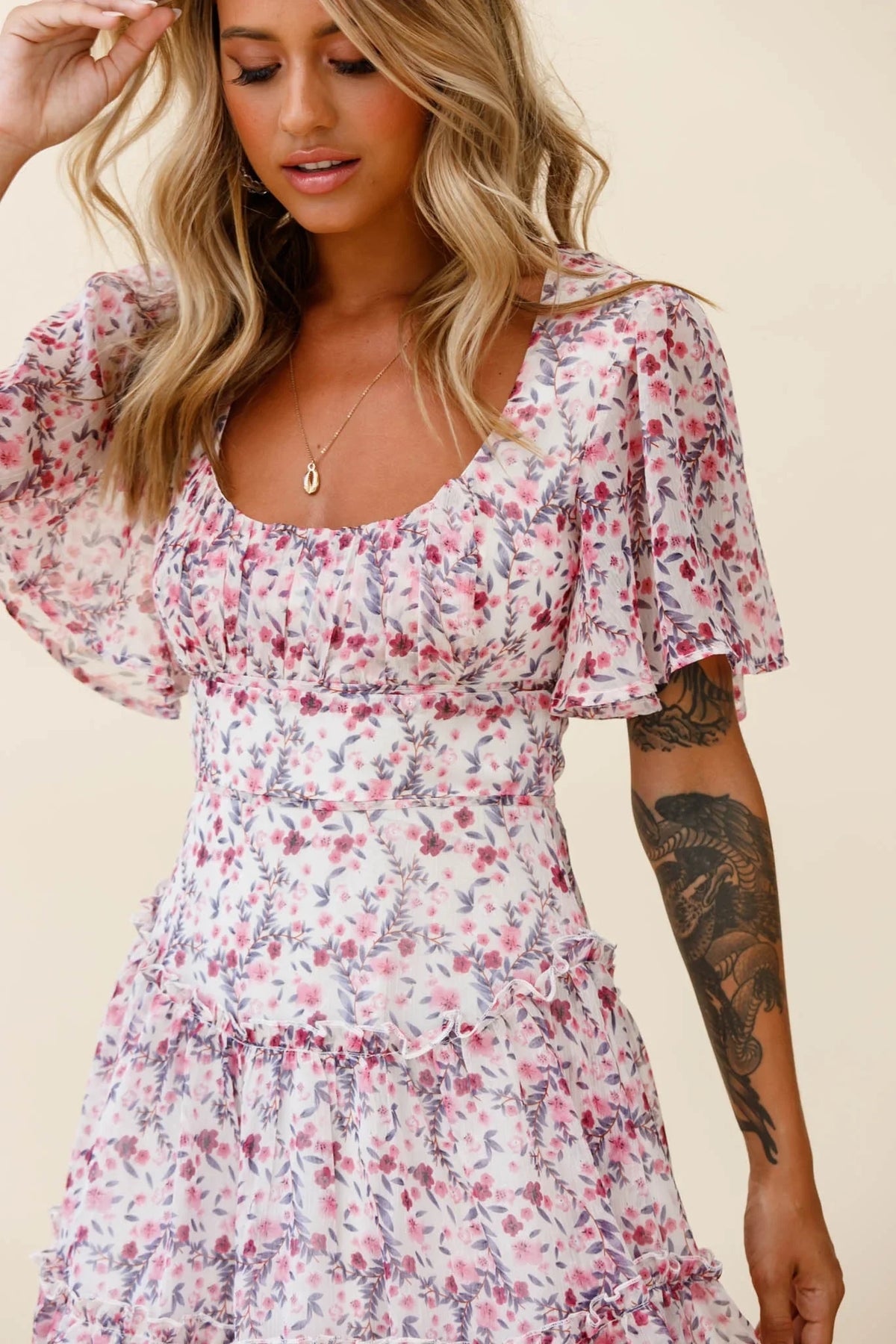 Stolen Moments Angel Sleeve Ruffle Dress Floral Print Pink Multi