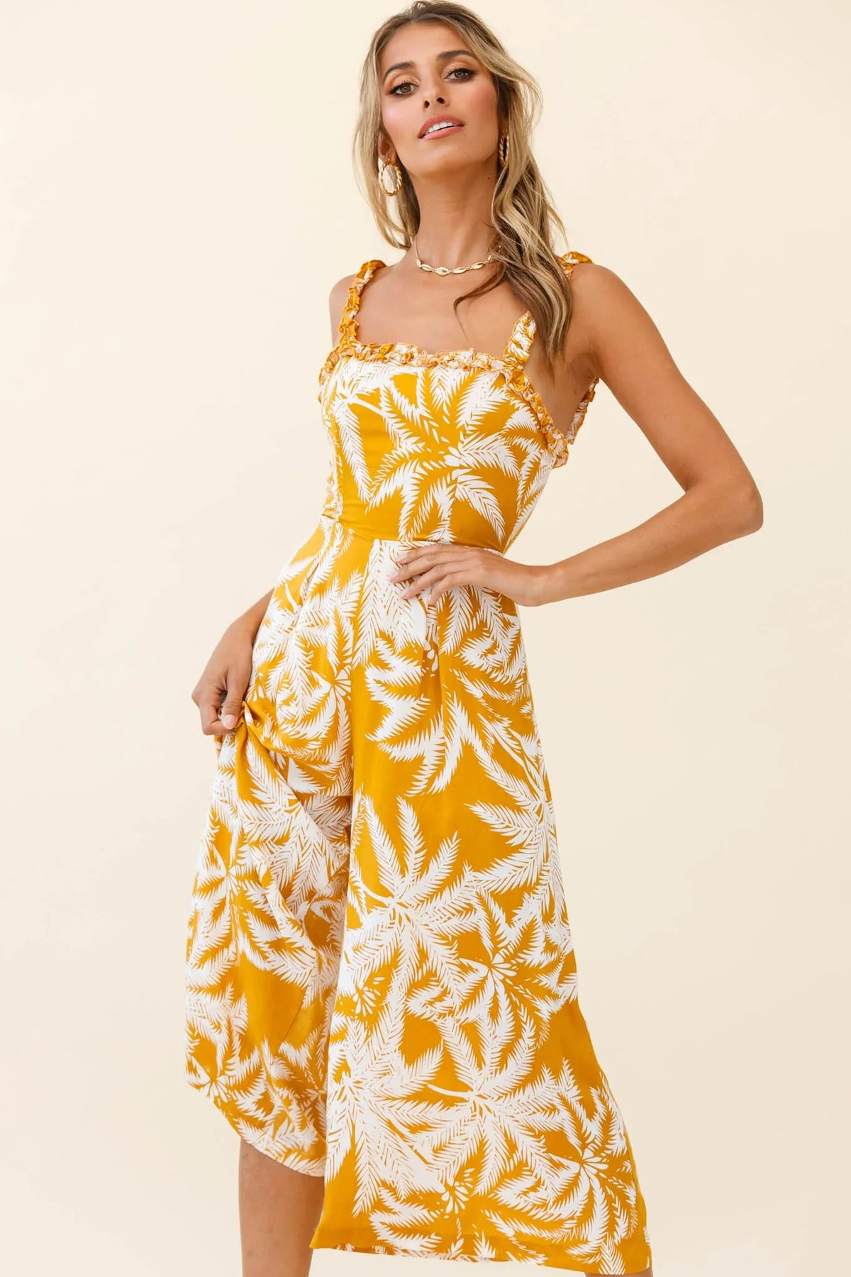 Magdalene Frill Strap Midi Jumpsuit Palm Print Yellow