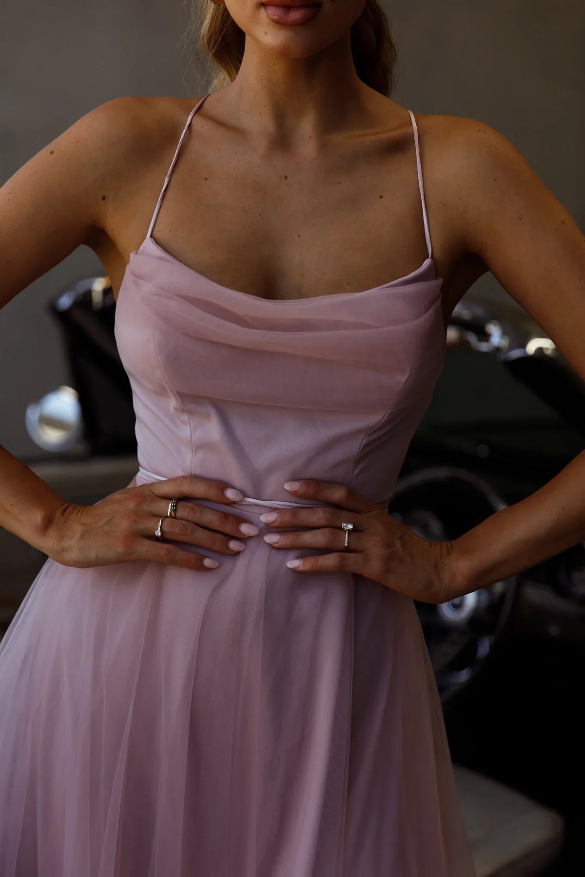 Floating By Pleated Neckline Mesh Midi Dress Blush