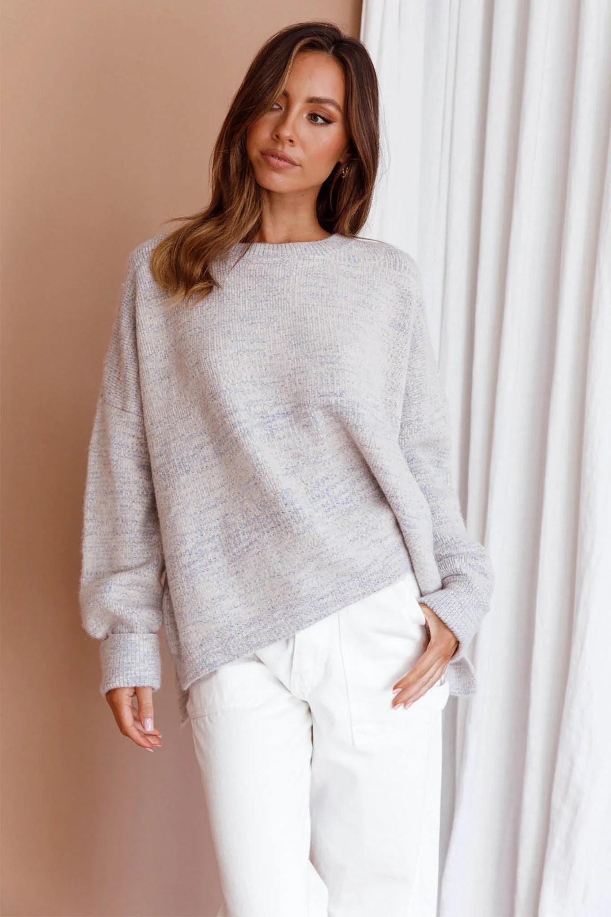 Kayce Dropped Shoulder Knit Sweater Grey
